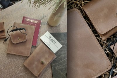 Подарок ручной работы из натуральной кожи | Подарочный набор: обложка на паспорт, миникошелек, брелок
